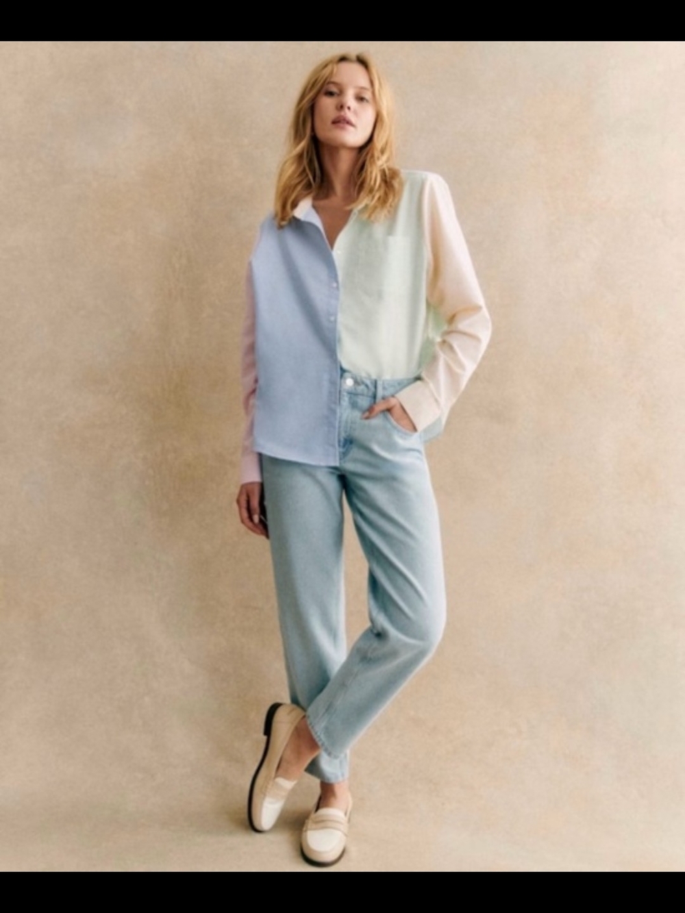 Sezane Colorblock Button-Down Shirt in Pastel Blue, Pink & Cream - Picture 5 of 5